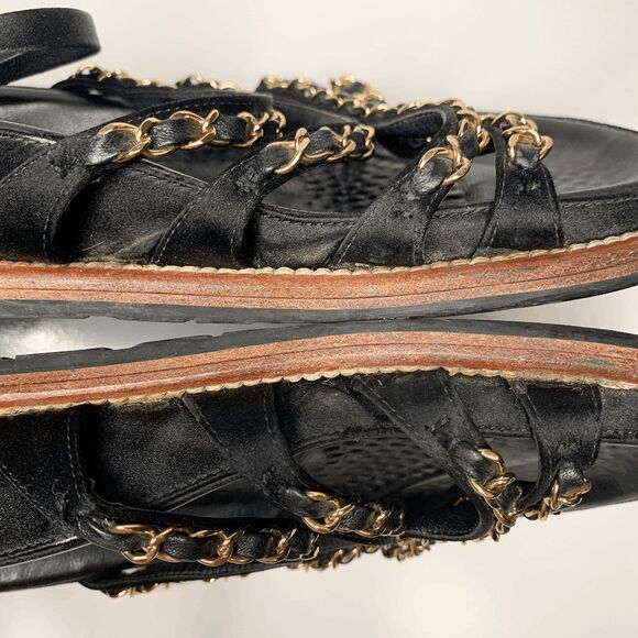 Chanel Interlocking CC Satin Chain Flat Dad Sandals EU 38.5 US 7.5-8 Black Gold - Picture 8 of 12